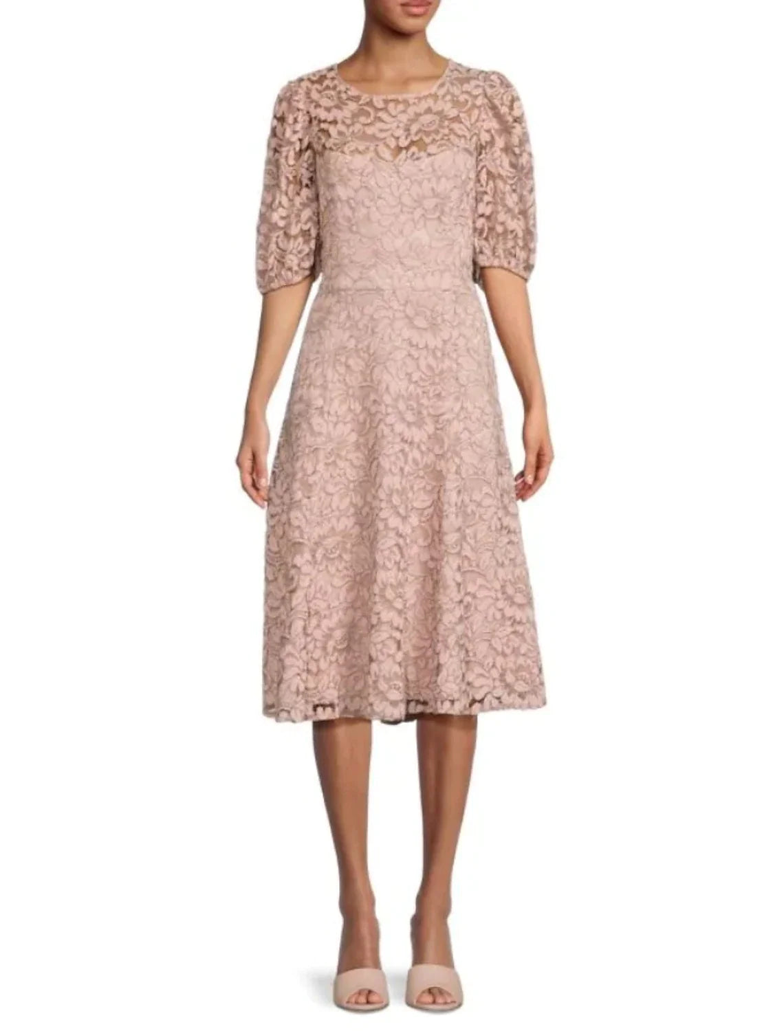 Wholesale A-Line Mother of the Bride Dress Wedding Guest Elegant Petite Scoop Neck Knee Length Lace Half Sleeve with Ruching Solid Color